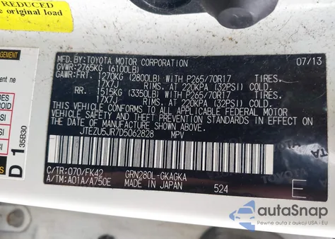 2013 Toyota 4Runner Sr5 из США, поврежденный, VIN JTEZU5JR7D5062828